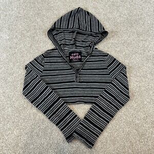 Mudd Y2k 2000s Womens XS/S Striped Cropped Hoodie Henley Long Sleeve Black Grey